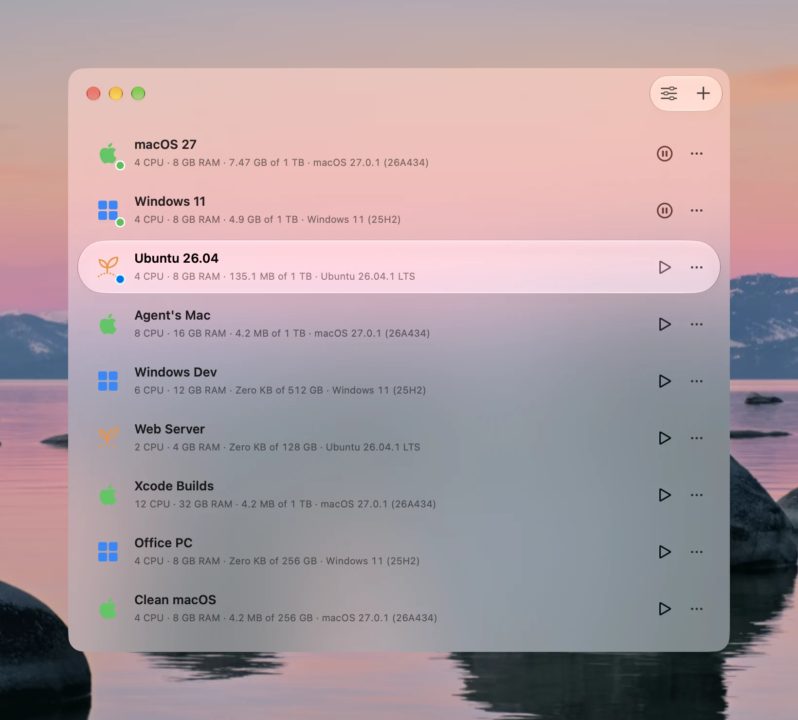 The VMPal app in Liquid Glass over the desktop: nine virtual machines, from macOS 27, Windows 11 and Ubuntu 26.04 to a web server and a clean macOS, each with its CPUs, memory, disk use and state.